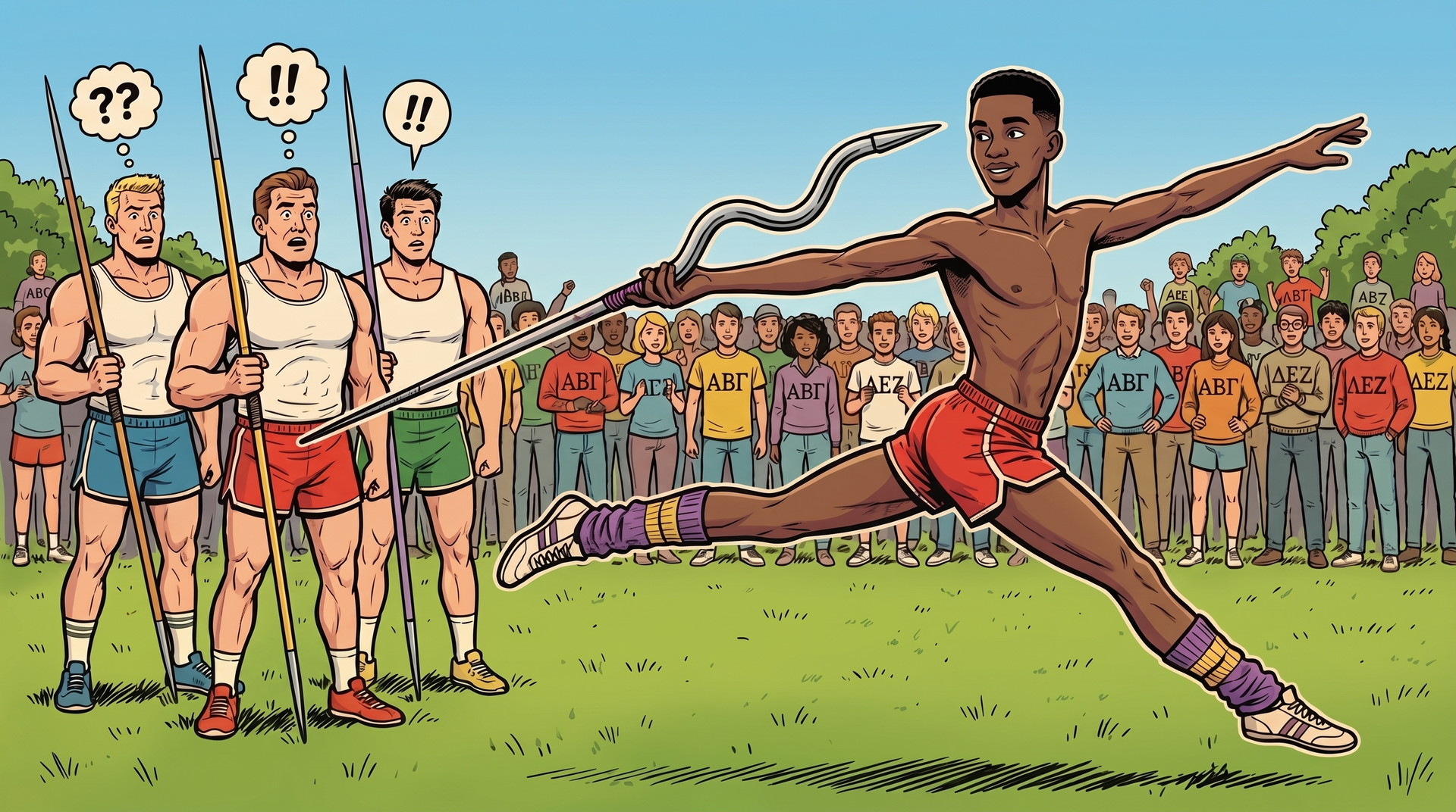 Comic illustration: a track athlete mid-leap having just thrown a javelin that bends into a wavy flight path, while baffled muscle-bound jocks look on.